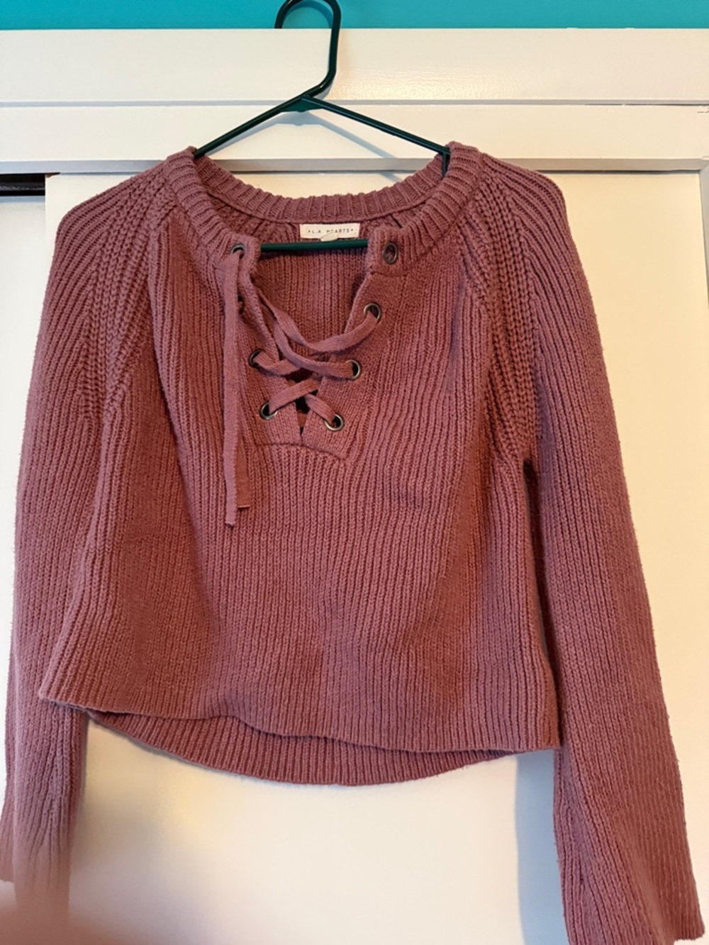 La hearts  Dusty Rose Lace-Up Knit Sweater